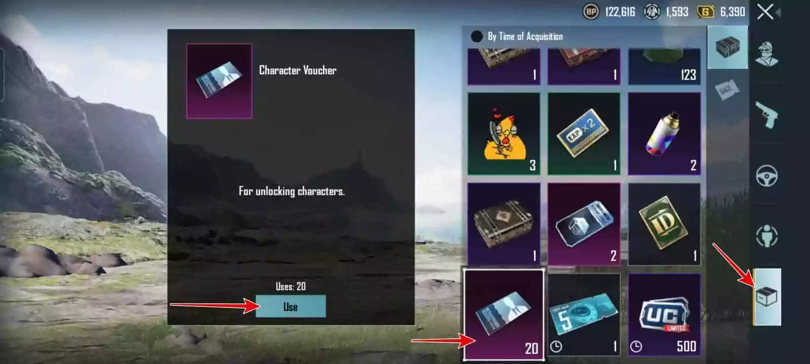 Go to Inventory > Tap on Character Voucher > Use