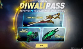 Get the Free Fire Diwali Pass Here to Get Divine Blade Katana, Skyboarder, Motorbike, Urban Scooter, and More.