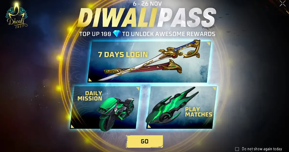Get the Free Fire Diwali Pass Here to Get Divine Blade Katana, Skyboarder, Motorbike, Urban Scooter, and More.
